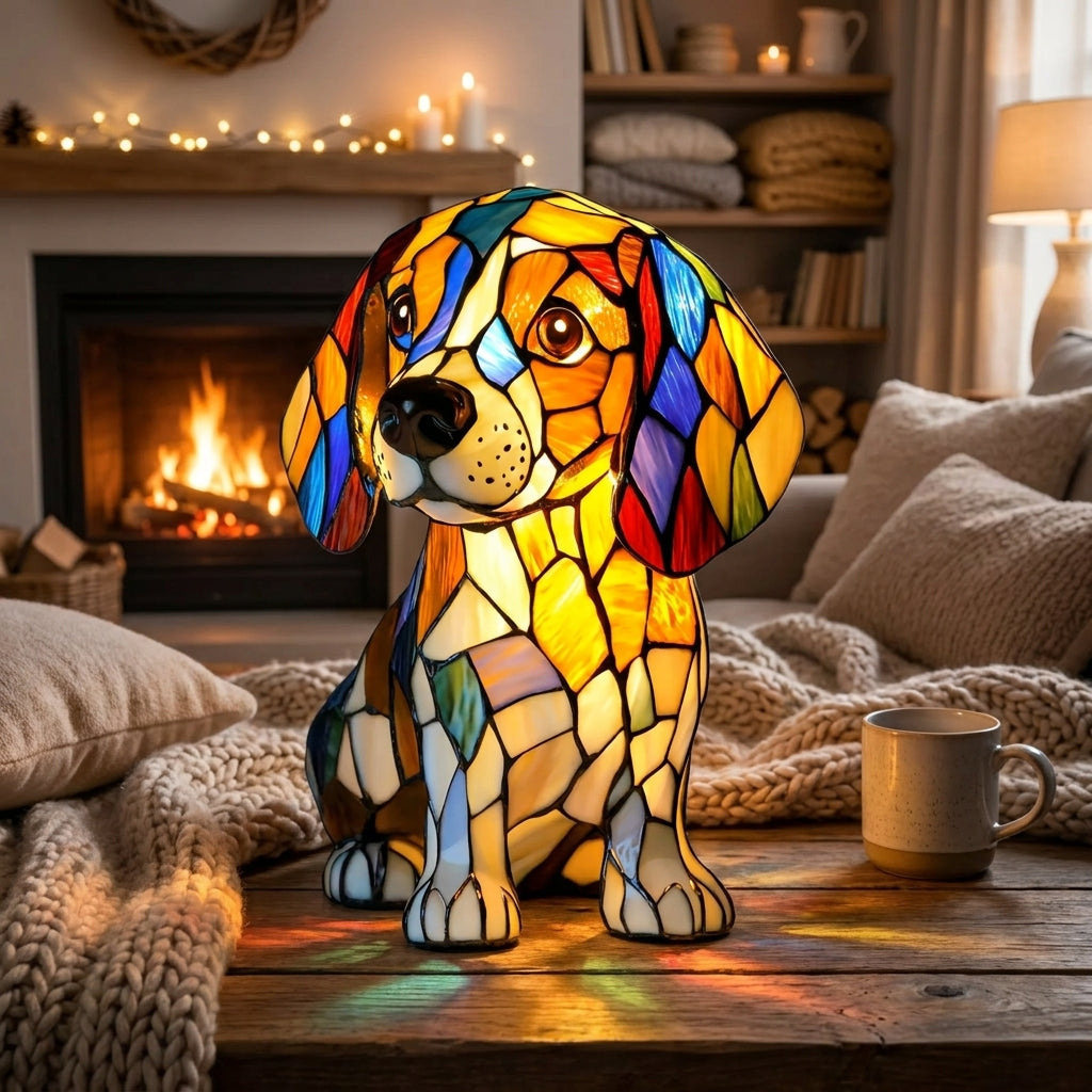 Vintage Beagle Dog Resin Stained Glass Style Lamp
