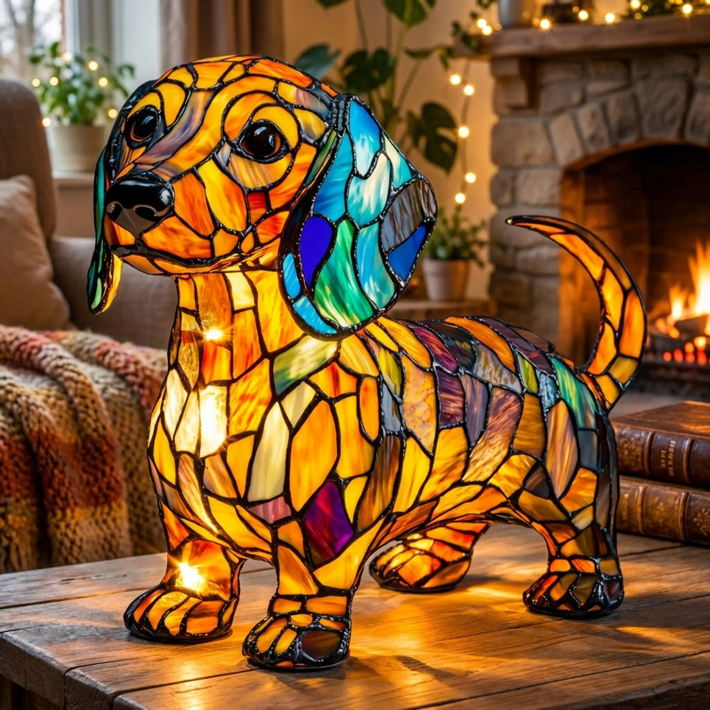 Vintage Dachshund Dog Resin Stained Glass Style Lamp