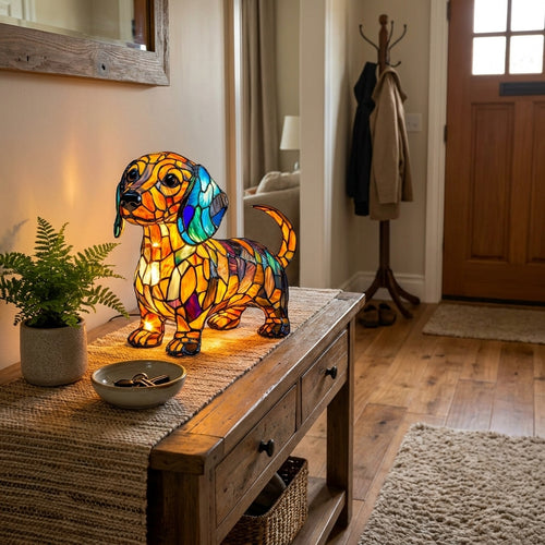 Vintage Dachshund Dog Resin Stained Glass Style Lamp