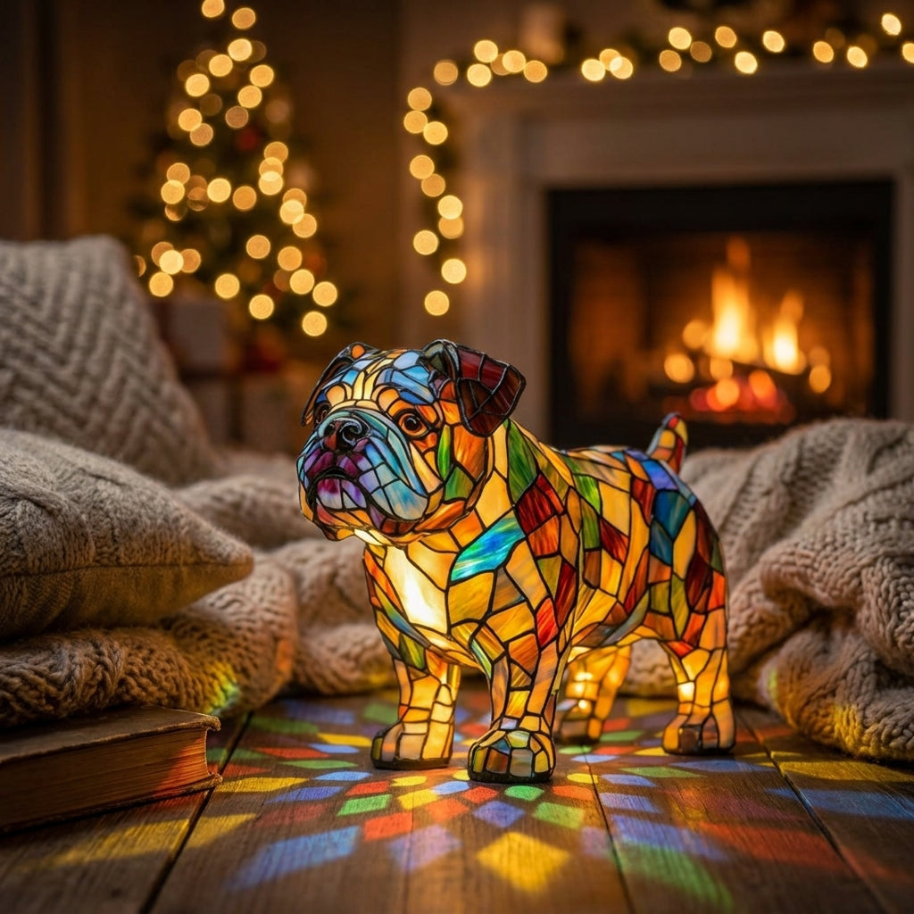 Vintage English Bulldog Dog Resin Stained Glass Style Lamp