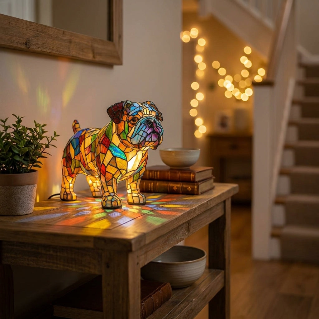 Vintage English Bulldog Dog Resin Stained Glass Style Lamp