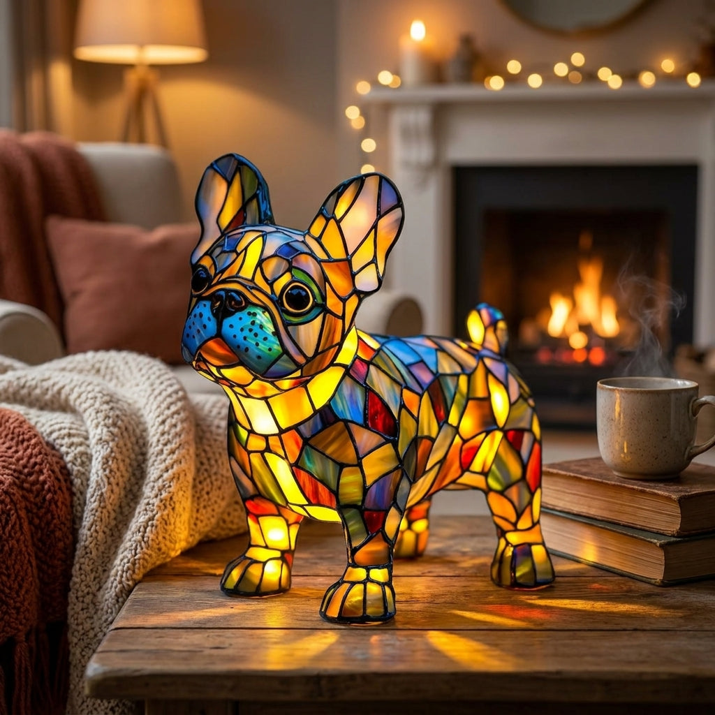 Vintage French Bulldog Dog Resin Stained Glass Style Lamp