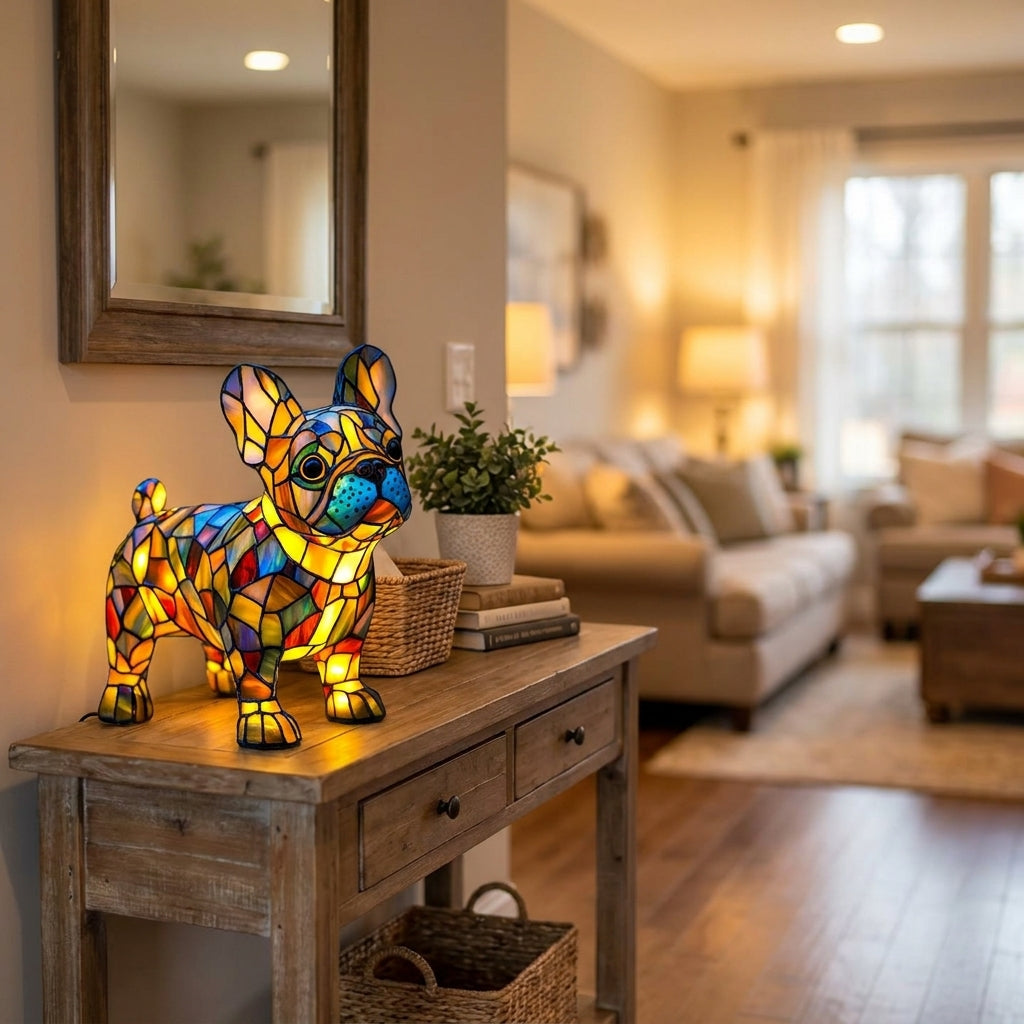 Vintage French Bulldog Dog Resin Stained Glass Style Lamp