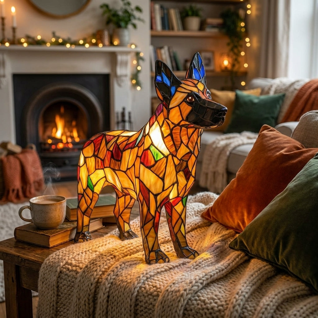 Vintage German Shepherd Dog Resin Stained Glass Style Lamp