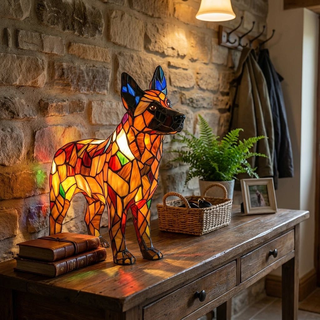 Vintage German Shepherd Dog Resin Stained Glass Style Lamp