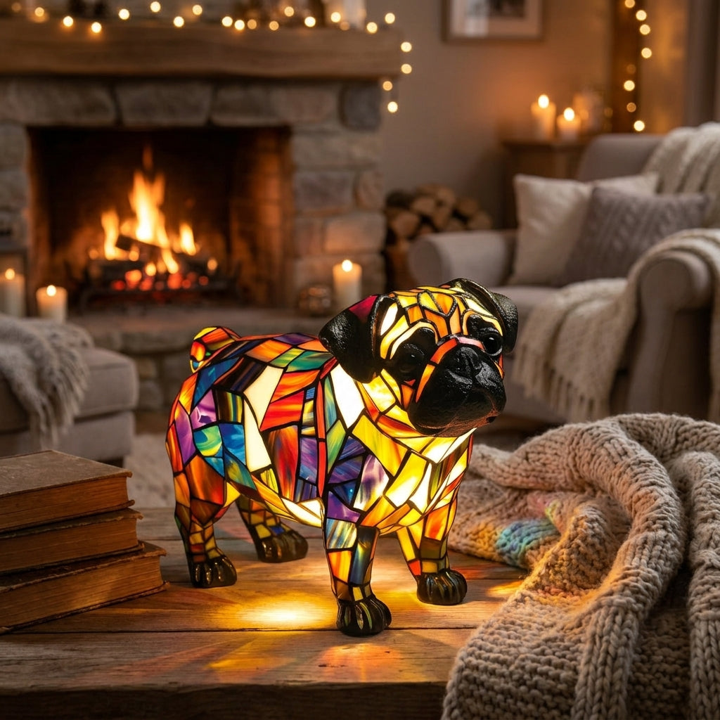 Vintage Pug Dog Resin Stained Glass Style Lamp
