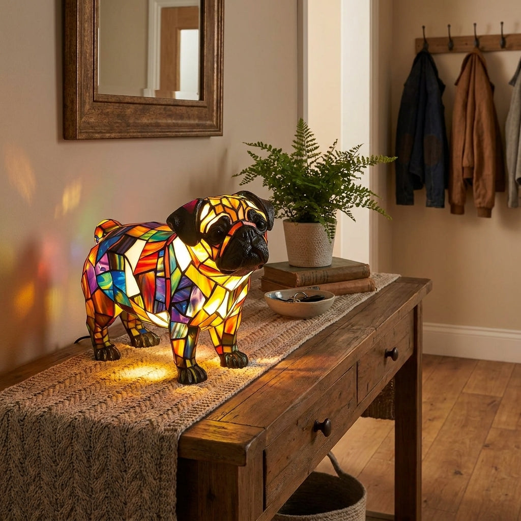 Vintage Pug Dog Resin Stained Glass Style Lamp